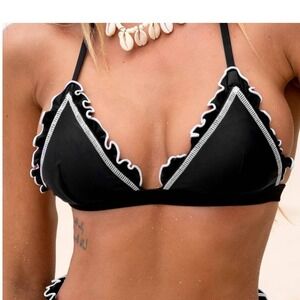 Cupshe Women Black Ruffle Triangle Bikini Top White Contrast Stitch CAA12A8B06AC